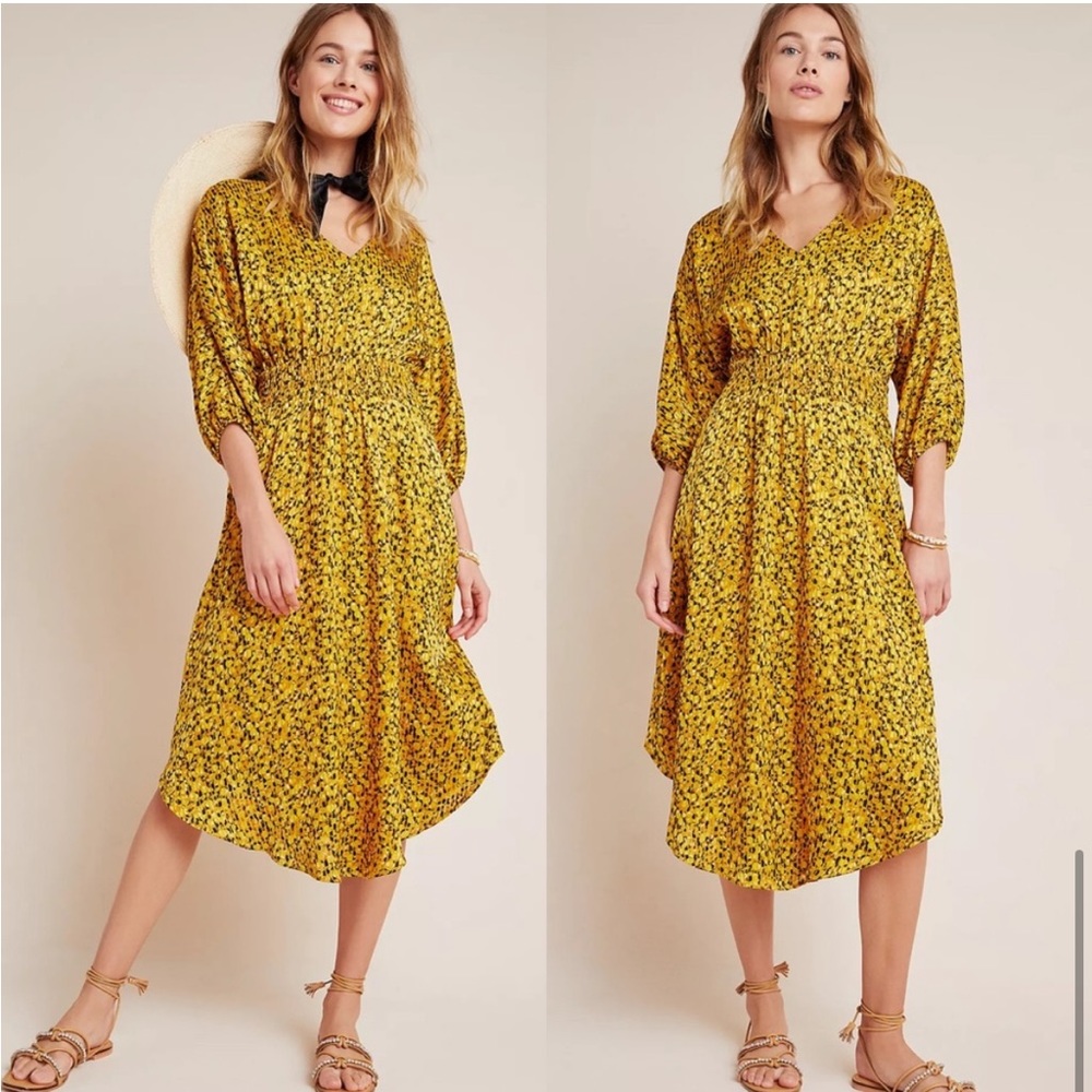 Anthropologie Yellow Floral Midi Dress